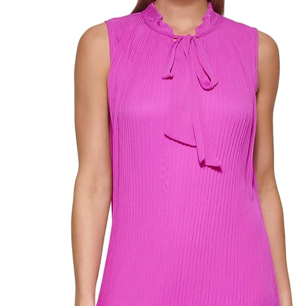 DKNY Fuchsia Pink Sleeveless Midi Pleated Tie Neck Shift Dress, Size 6